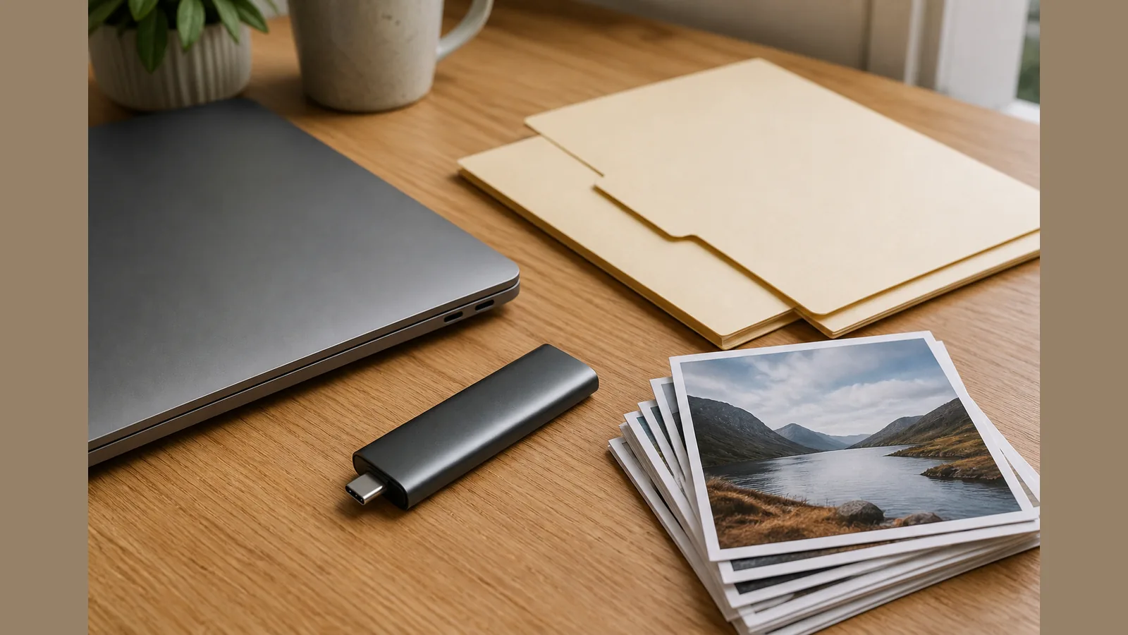 UK buyer comparing portable SSD capacity needs for photos and video on a laptop desk