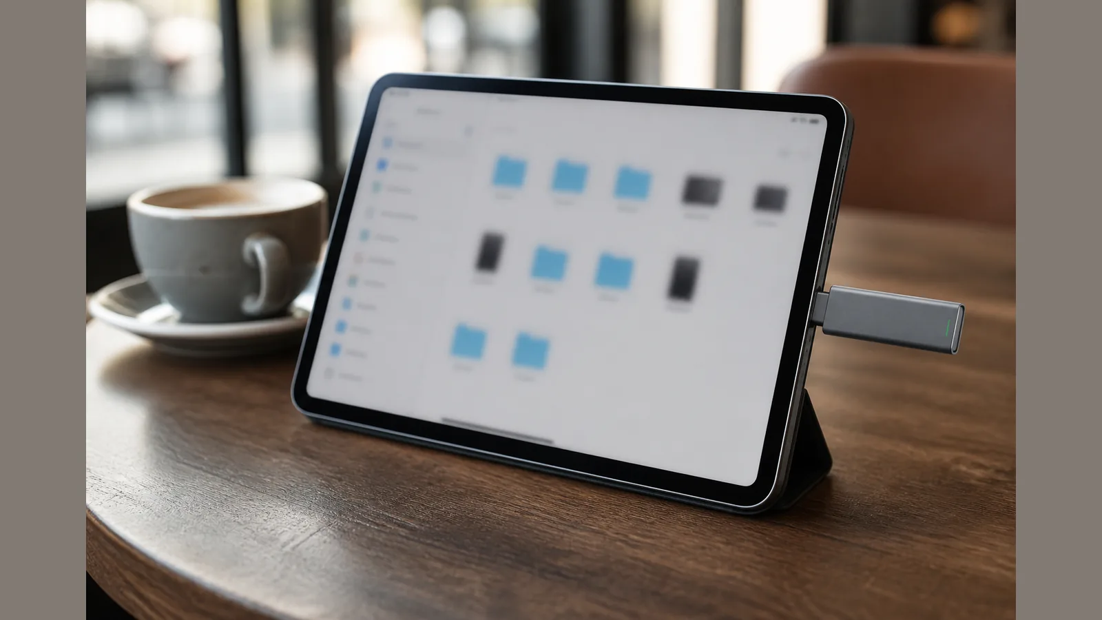 iPad with a USB-C portable SSD stick attached during a mobile file workflow