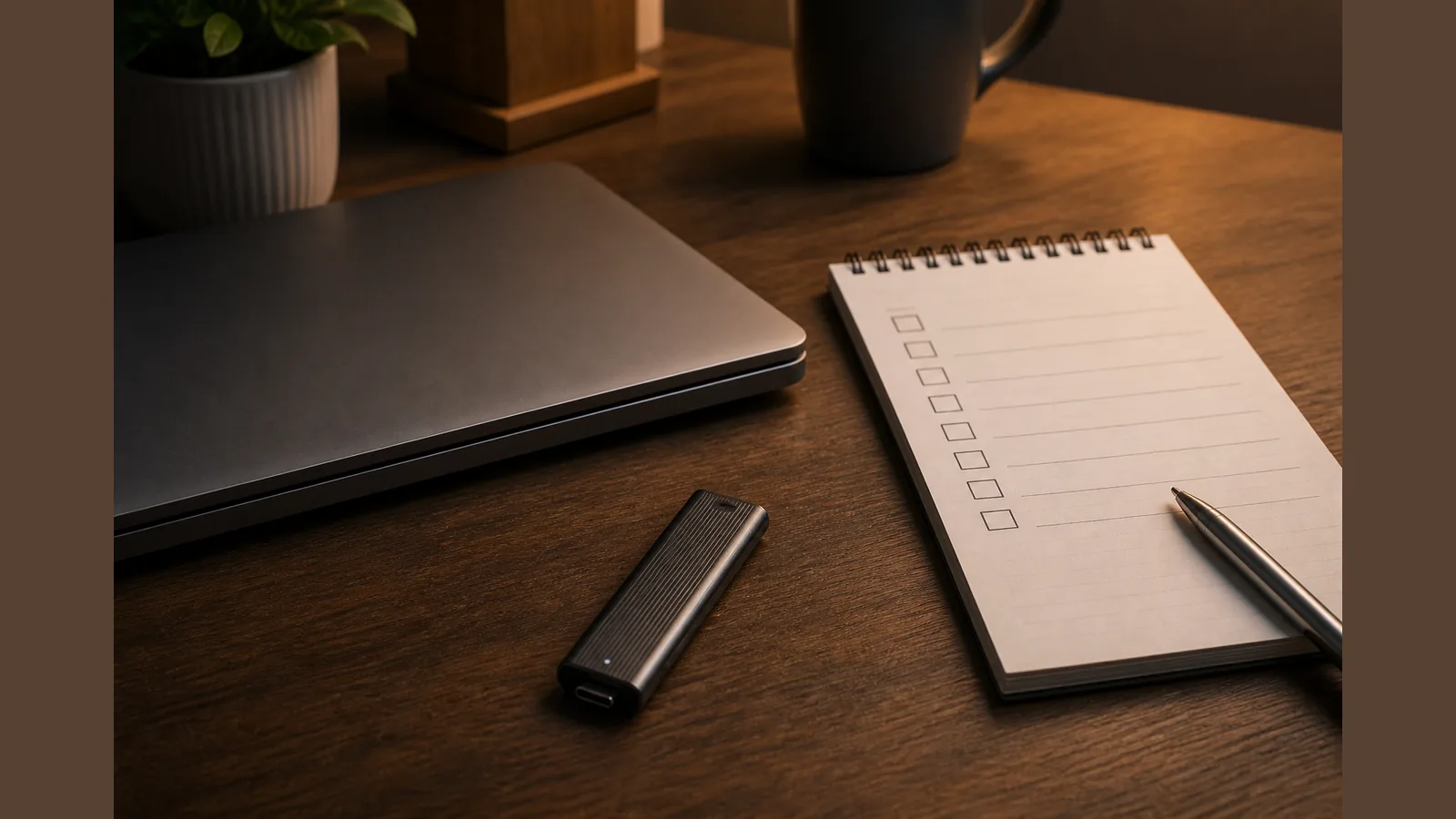UK offline backup checklist with a portable SSD stick kept disconnected beside a laptop