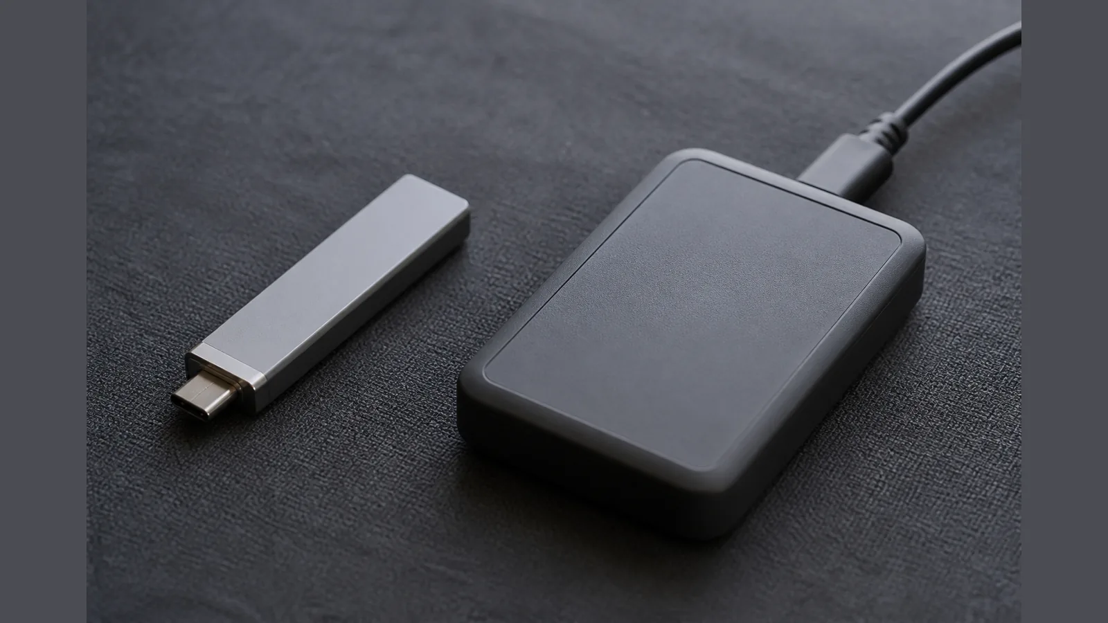 USB-C SSD stick beside a cabled enclosed portable SSD for form-factor comparison