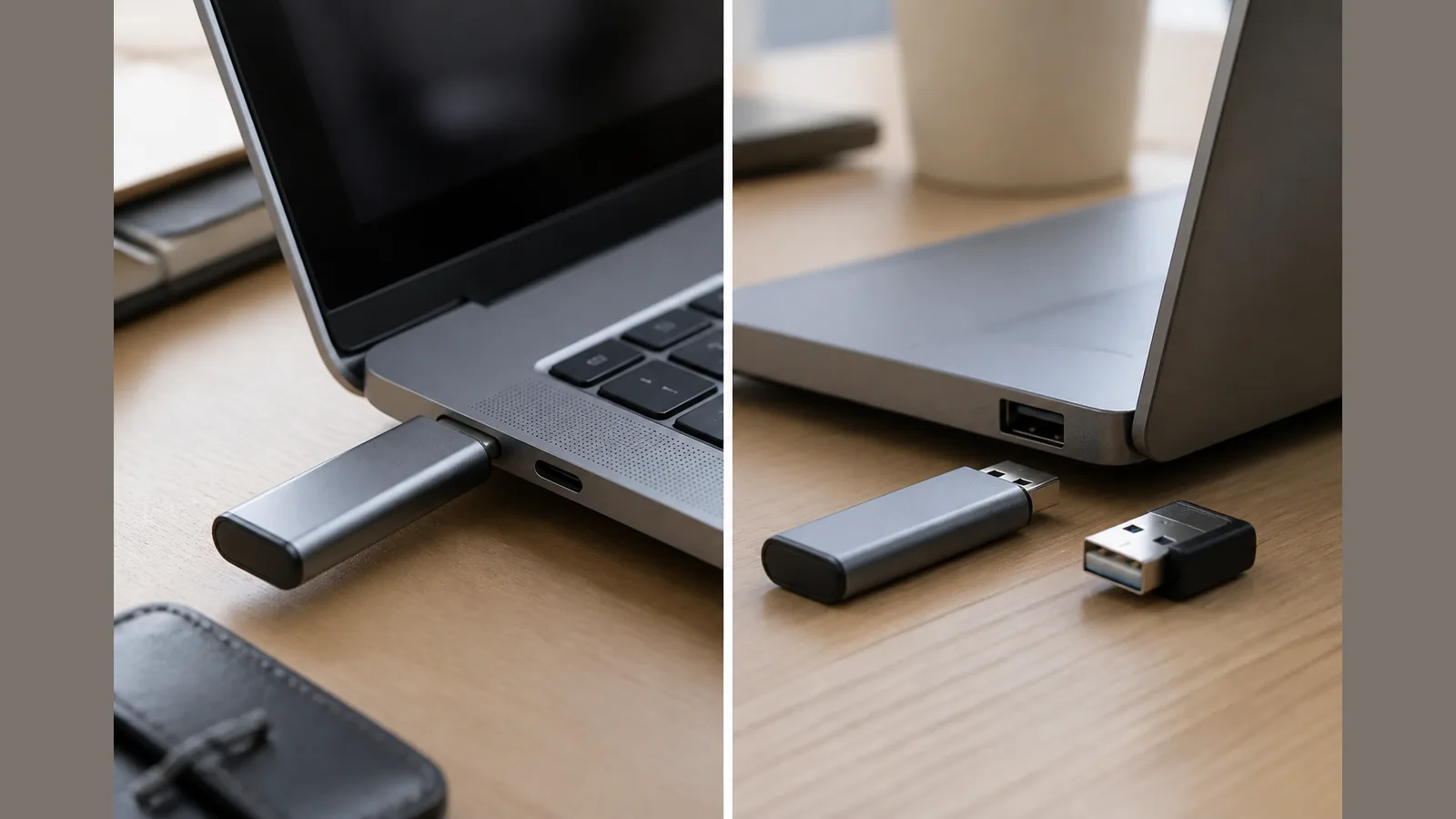 USB-C portable SSD stick beside a USB-A laptop port and adapter on a UK desk